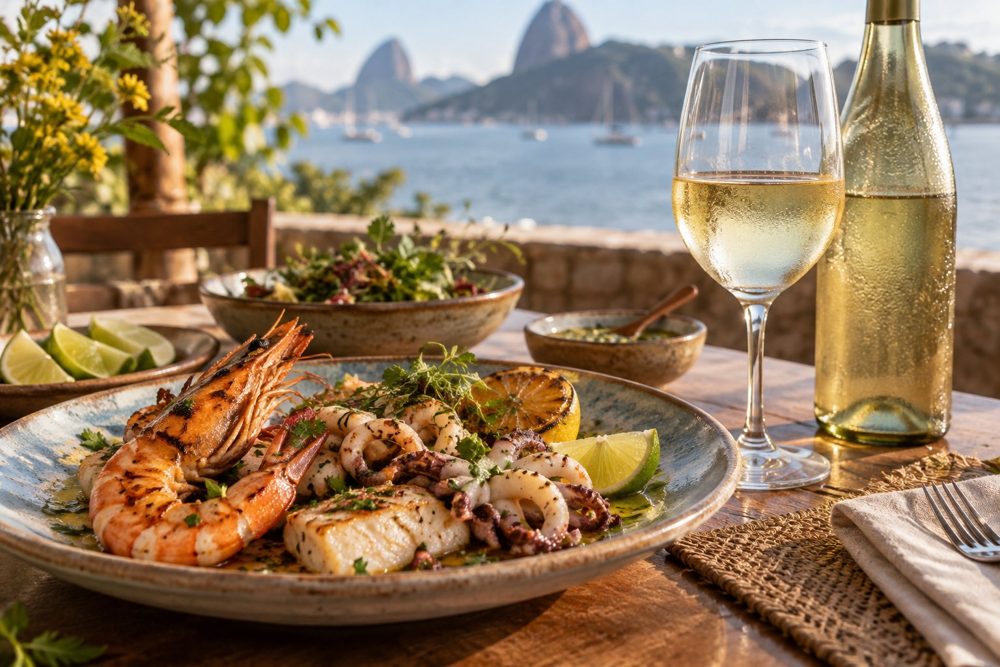 Vinho branco servido com frutos do mar à beira-mar