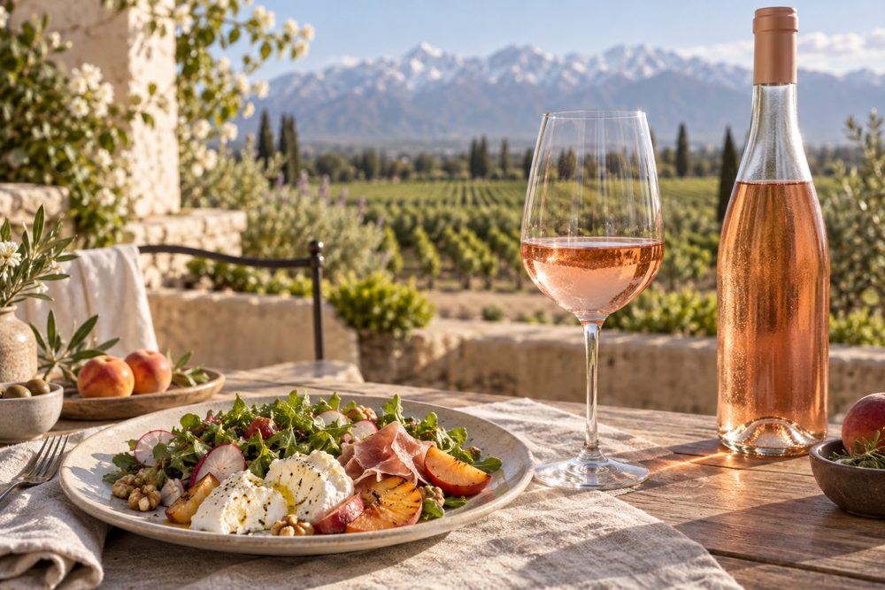 Vinho rosé servido com salada em varanda com vinhedos