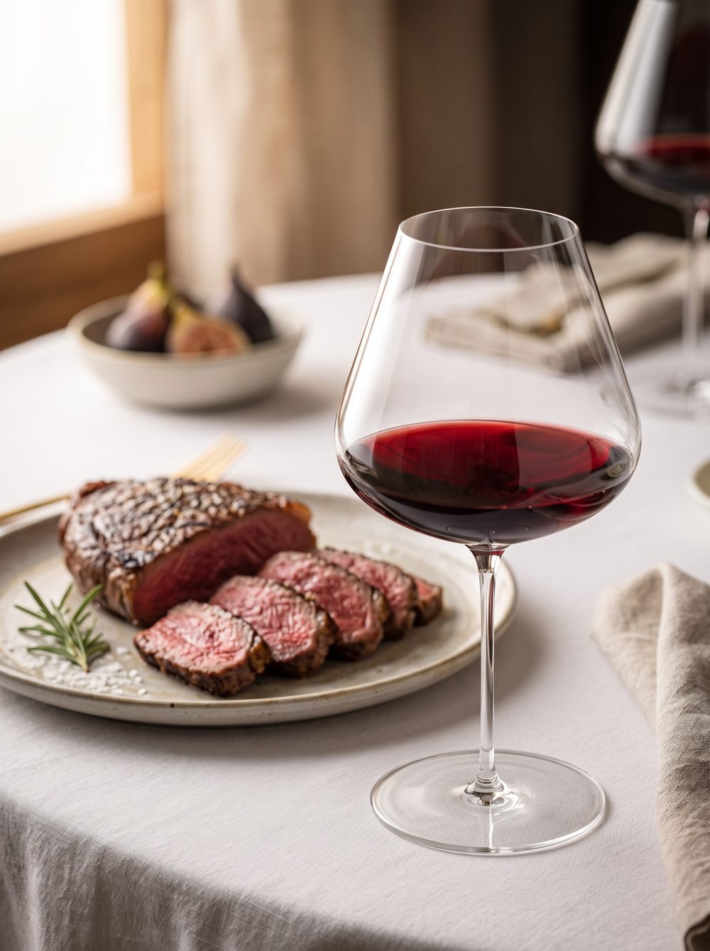Taça e garrafa de vinho tinto diante de vinhedos
