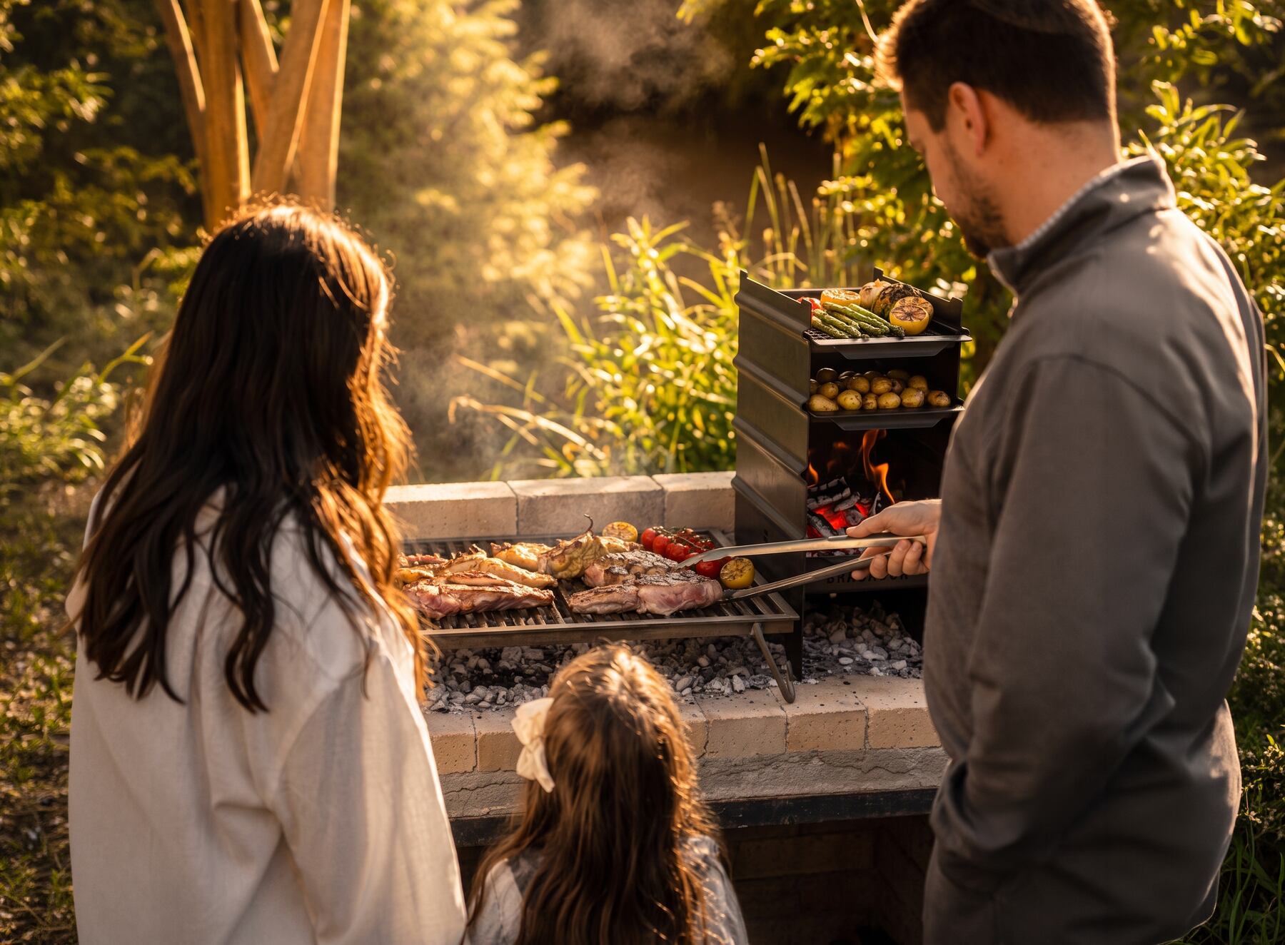 Una familia —madre, hija y padre— frente al Brasador encendido en un patio al atardecer, con la llama viva en el brasero, las bandejas cocinando verduras y la carne en la parrilla