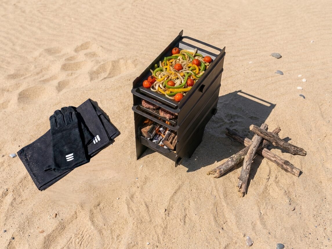 Brasador Original en la playa, cocinando verduras en la bandeja plancha con la leña ardiendo adentro del cajón brasero
