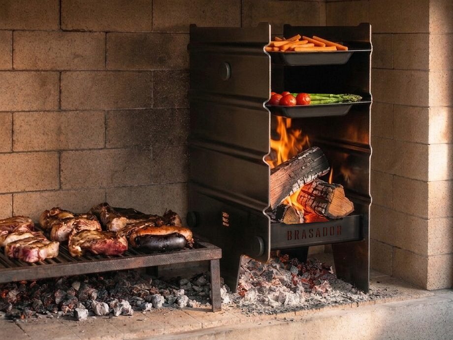 Brasador Original dentro de una parrilla de material, con las bandejas cocinando arriba y las brasas volcadas hacia la parrilla de al lado