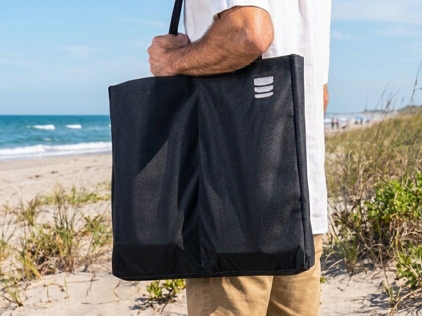 Una persona lleva el bolso del Brasador Original al hombro, caminando por la playa con el mar de fondo