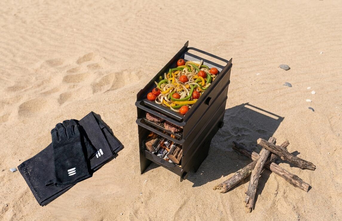 Brasador Original en la playa, cocinando verduras en la bandeja plancha con la leña ardiendo adentro y los guantes apoyados en la arena
