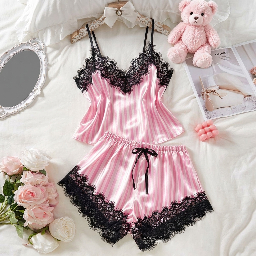 Babydoll rosa com renda preta