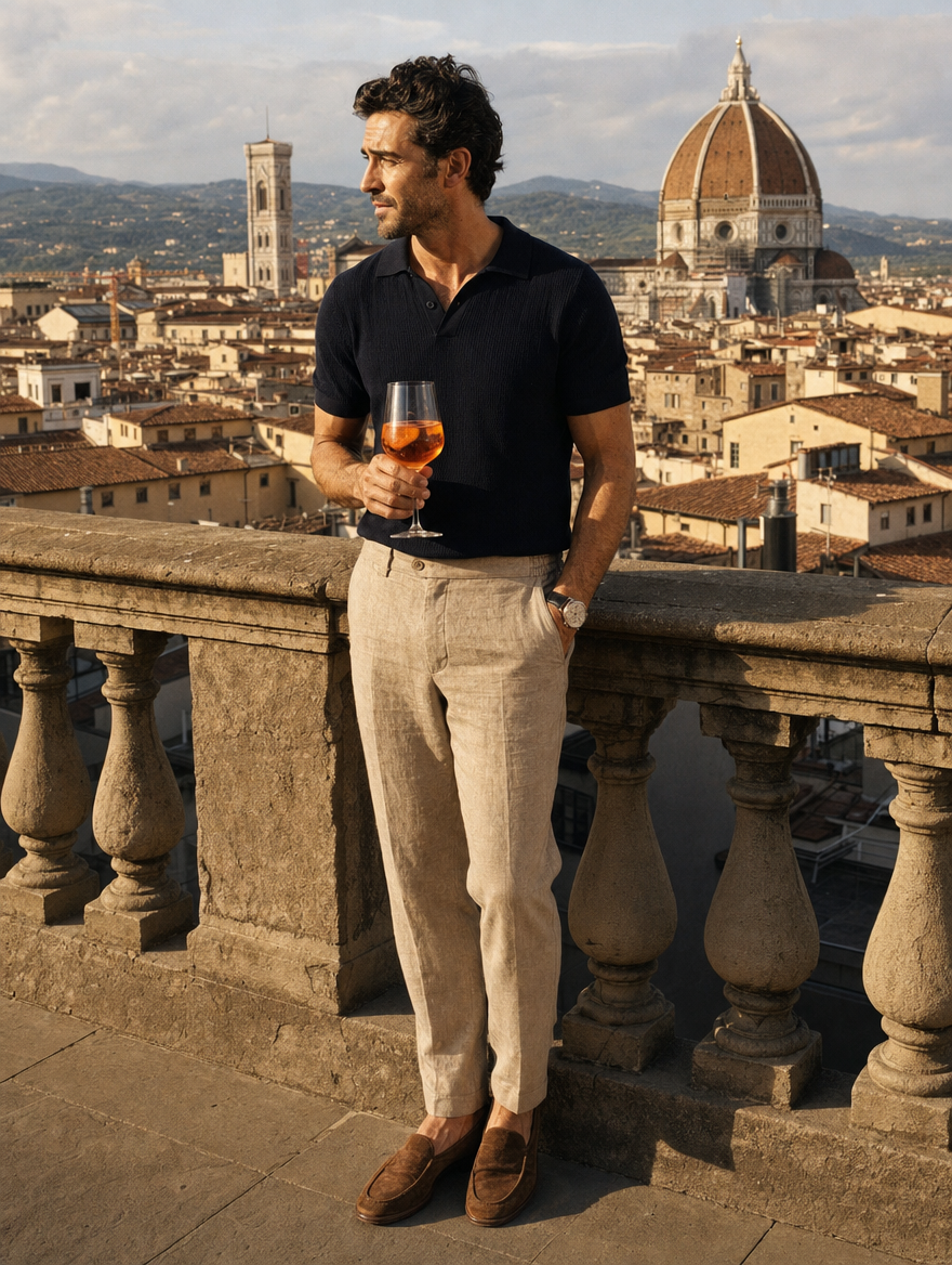 Pantalón de lino beige en terraza al atardecer