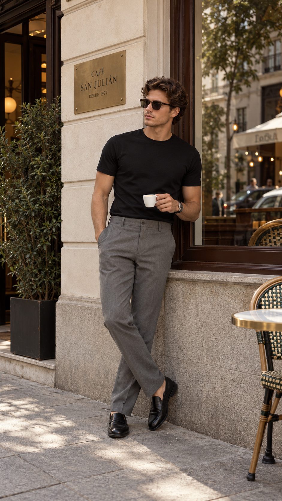 Remera Slim Fit negra y Pantalón Sastrero gris
