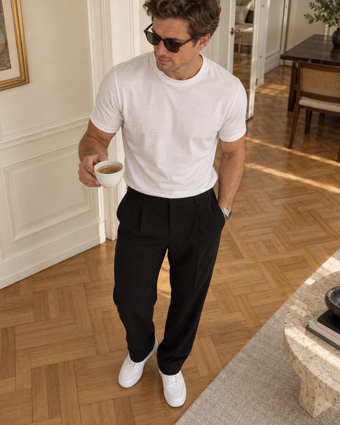 Remera Slim Fit blanca y Pantalón Sastrero negro