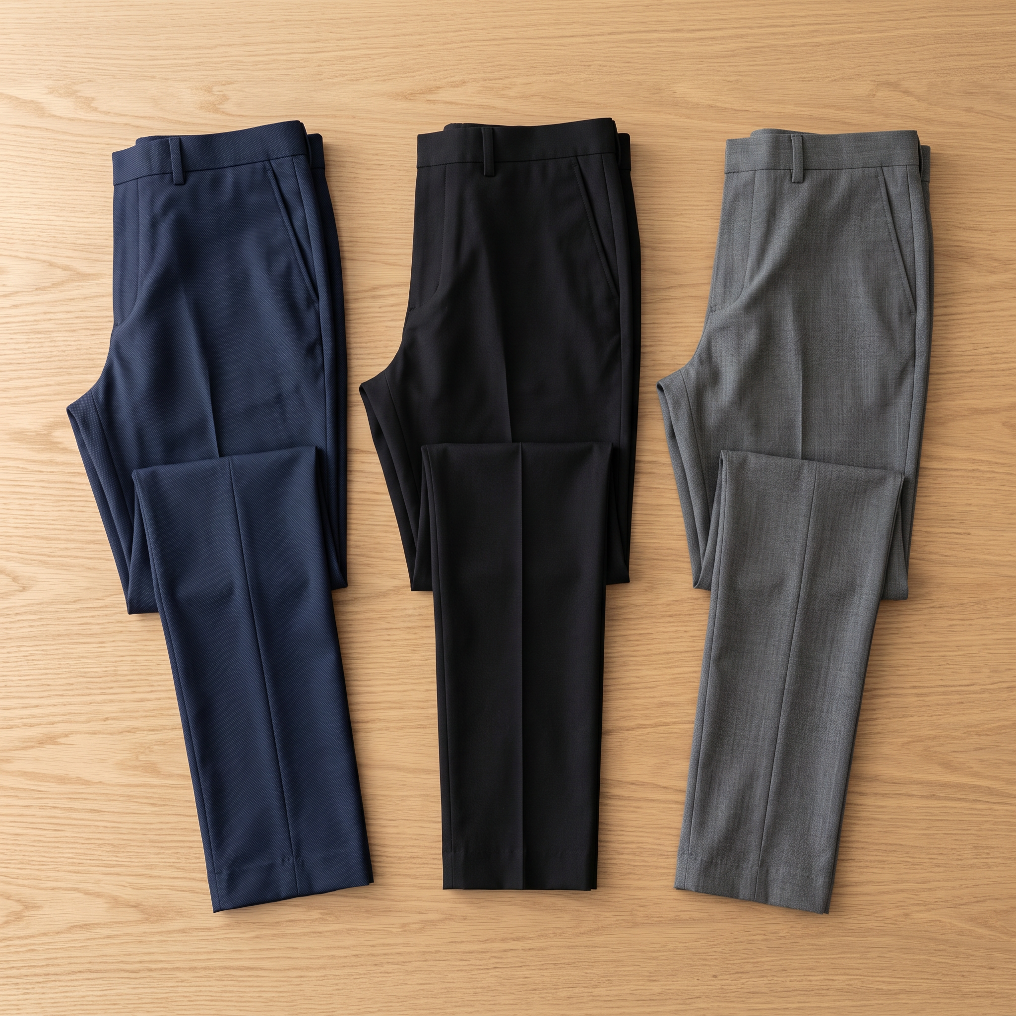 Los tres pantalones sastreros juntos: gris, azul marino y negro