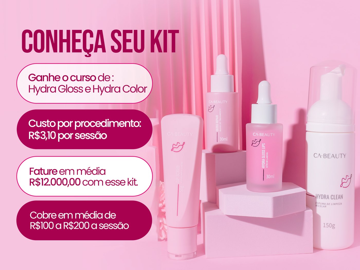 Conheça seu kit Hydra Gloss: ganhe o curso de Hydra Gloss e Hydra Color, custo de R$ 3,10 por sessão, fature em média R$ 12.000,00 e cobre de R$ 100 a R$ 200 a sessão