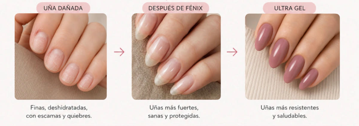 Progresión de una uña: dañada, después del tratamiento Fénix y con color Ultra Efecto Gel