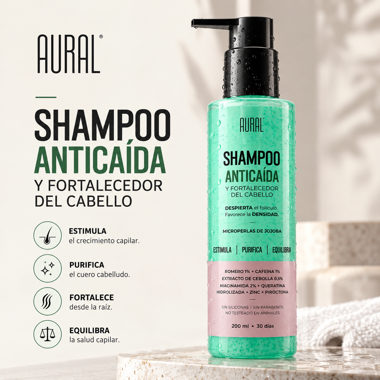 Shampoo AURAL anticaída y fortalecedor del cabello, presentación de 200 ml