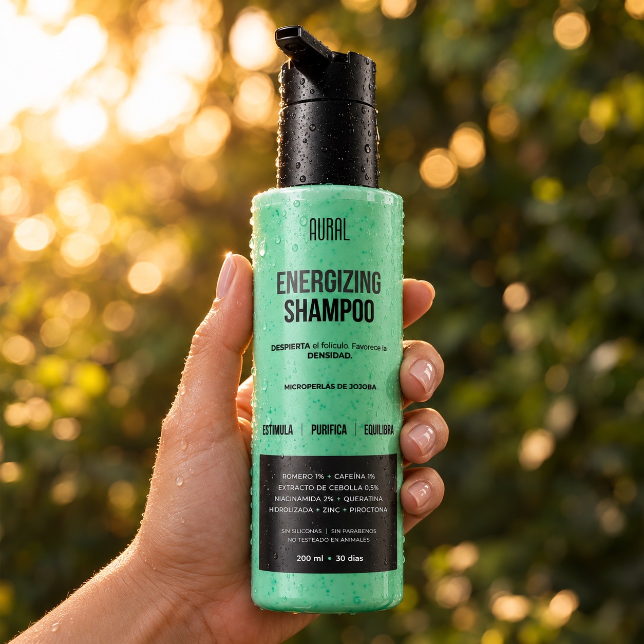 Shampoo Energizante AURAL sostenido con la mano bajo una luz dorada