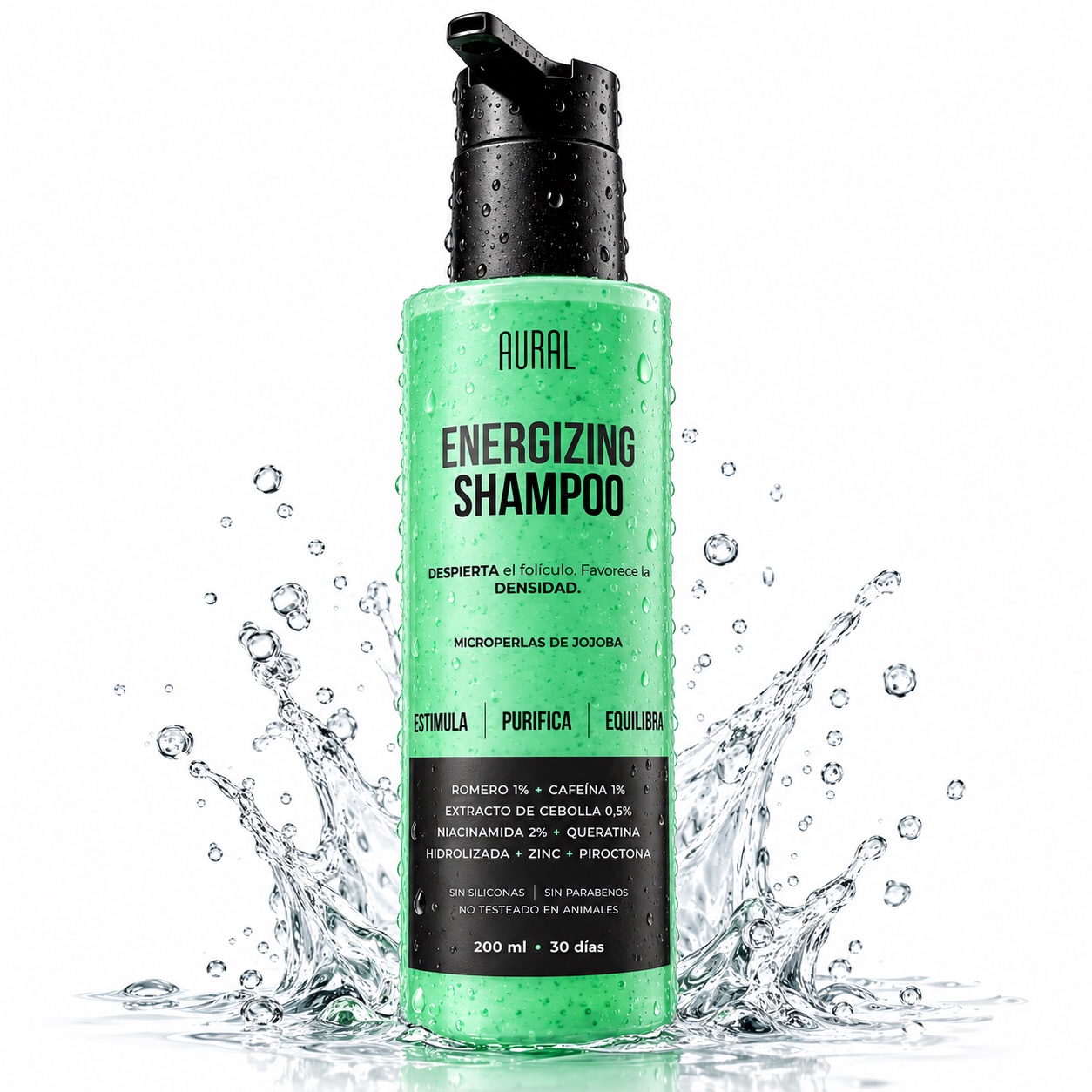 Shampoo Energizante AURAL con gotas y salpicaduras de agua