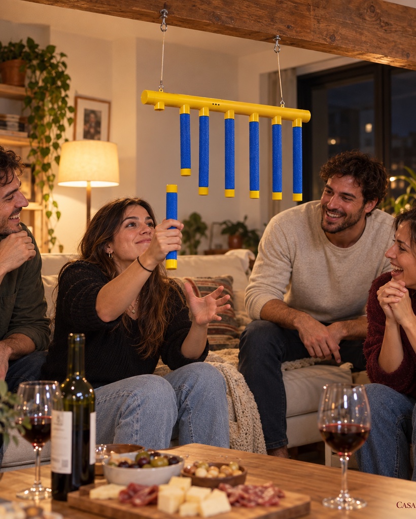 Cuatro adultos jugando al Atrapa Palos colgado de una viga