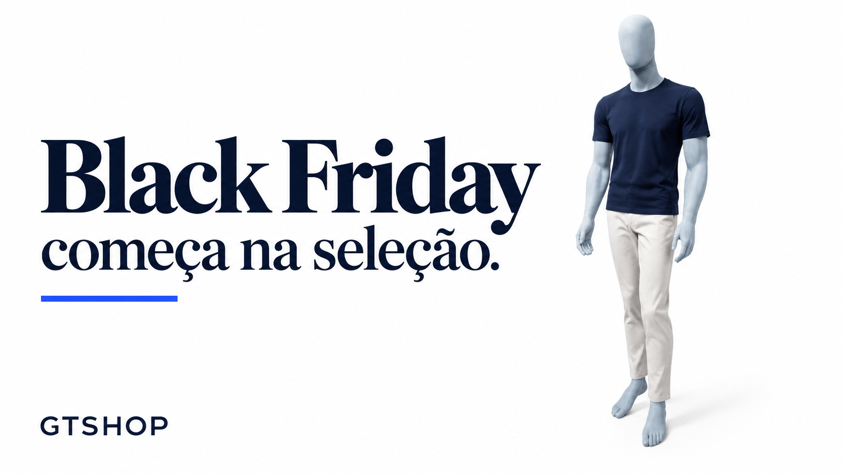 Manequim masculino Evolution cinza com roupa ilustrativa em capa sobre planejar a vitrine de Black Friday.