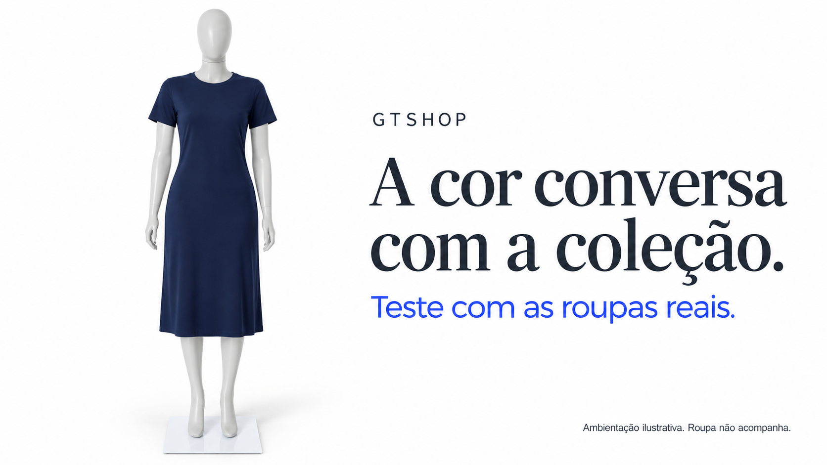 Manequim feminino branco com bra&ccedil;os retos e base quadrada, usando vestido azul em ambienta&ccedil;&atilde;o ilustrativa sobre escolher a cor do expositor