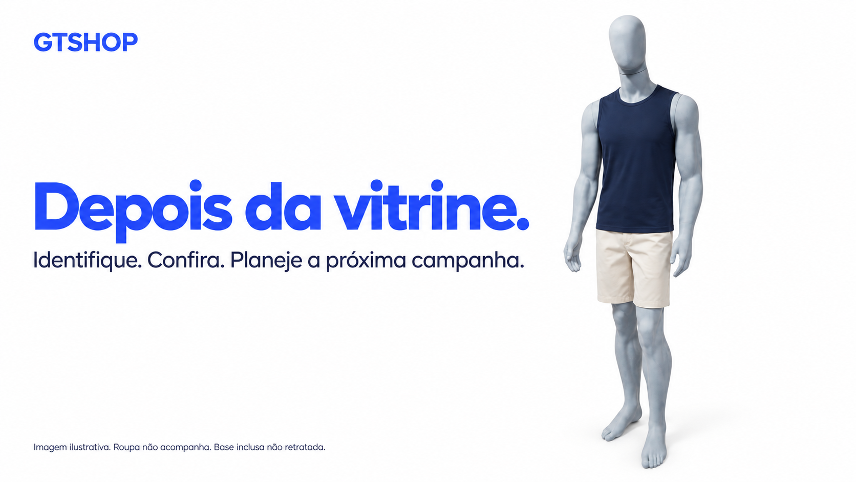 Manequim masculino cinza com roupa ilustrativa em arte sobre organizar os expositores ap&oacute;s a vitrine