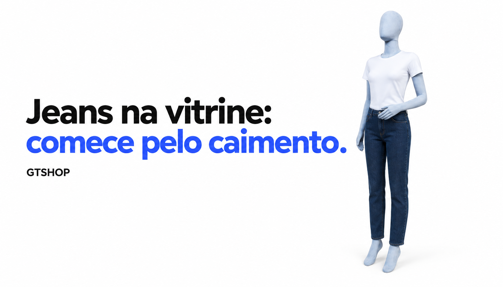 Manequim feminino Evolution cinza com bra&ccedil;o na cintura em composi&ccedil;&atilde;o ilustrativa com camiseta e jeans