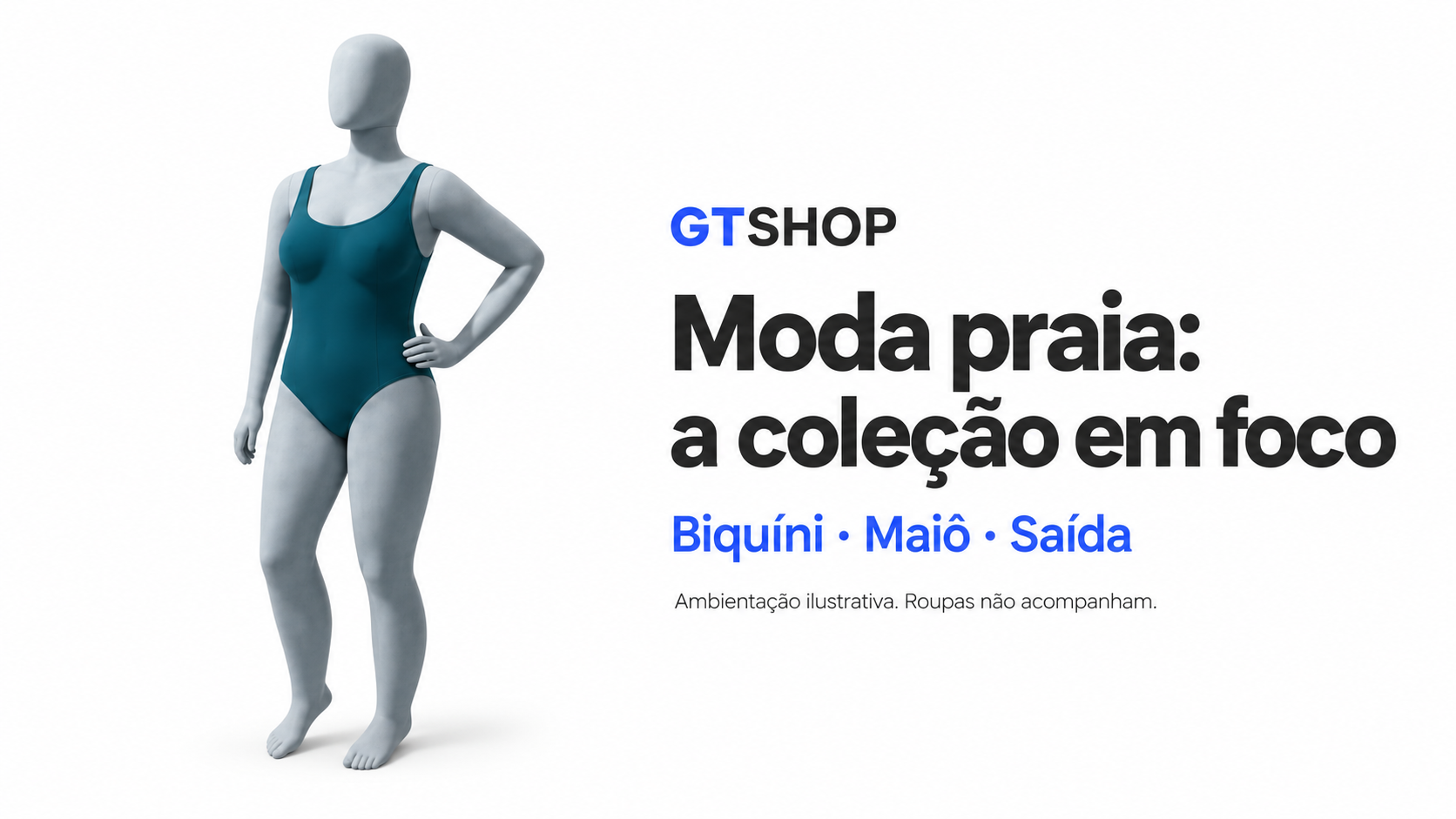 Evolution feminino plus size cinza em ambienta&ccedil;&atilde;o ilustrativa com mai&ocirc;, na capa do guia de vitrine de moda praia