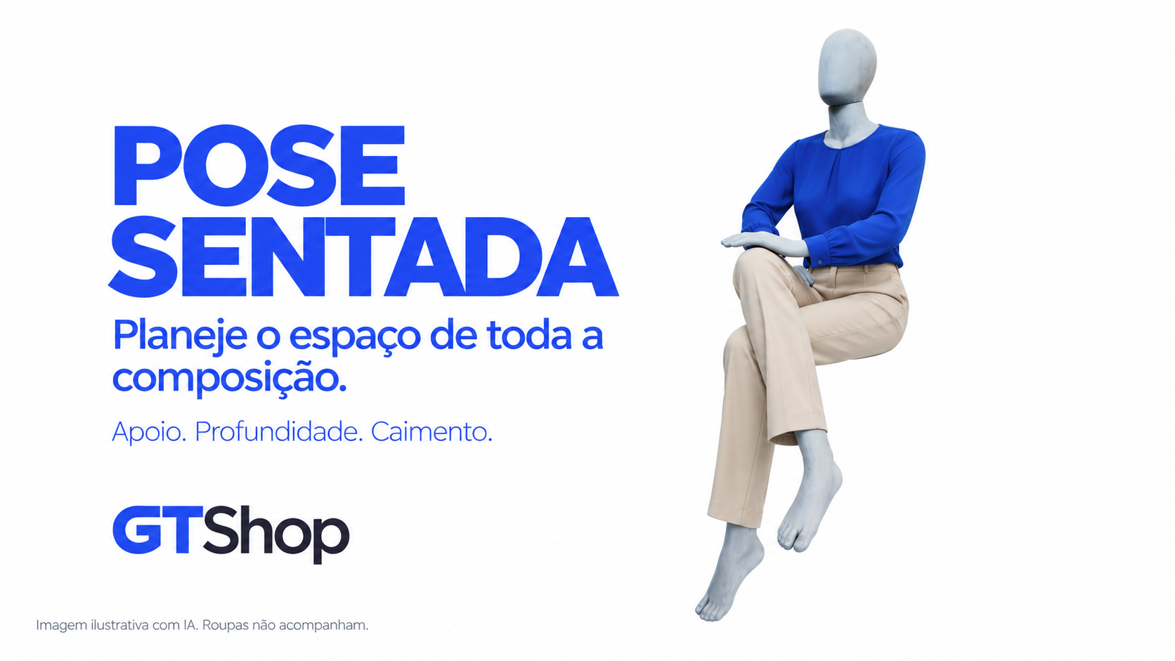 Manequim Evolution cinza na pose sentada de perna cruzada, com roupas ilustrativas, em capa editorial GTShop.