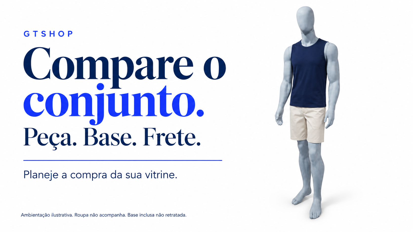 Manequim masculino Evolution cinza com roupa ilustrativa e a orienta&ccedil;&atilde;o Compare o conjunto: pe&ccedil;a, base e frete