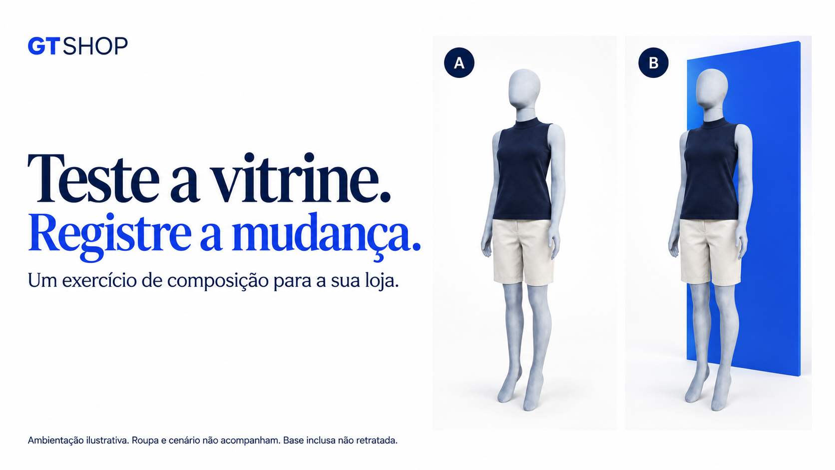 Exerc&iacute;cio ilustrativo com o mesmo manequim feminino e look em duas composi&ccedil;&otilde;es, uma com fundo branco e outra com um painel azul