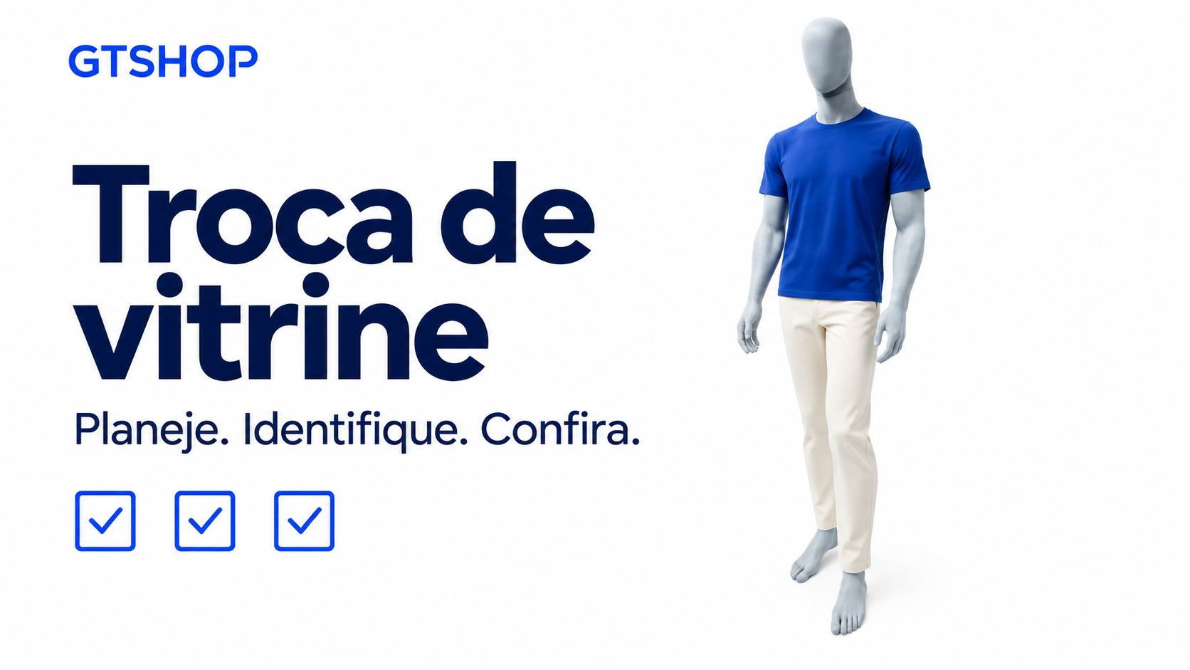 Manequim masculino Evolution cinza, inteiro, com roupas ilustrativas, em capa sobre organizar a troca de vitrine.