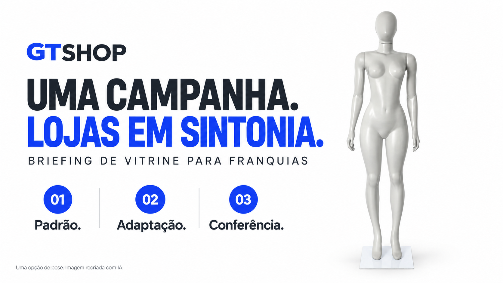 Briefing de vitrine para franquias: padrão, adaptação e conferência. Manequim GTShop recriado com IA.