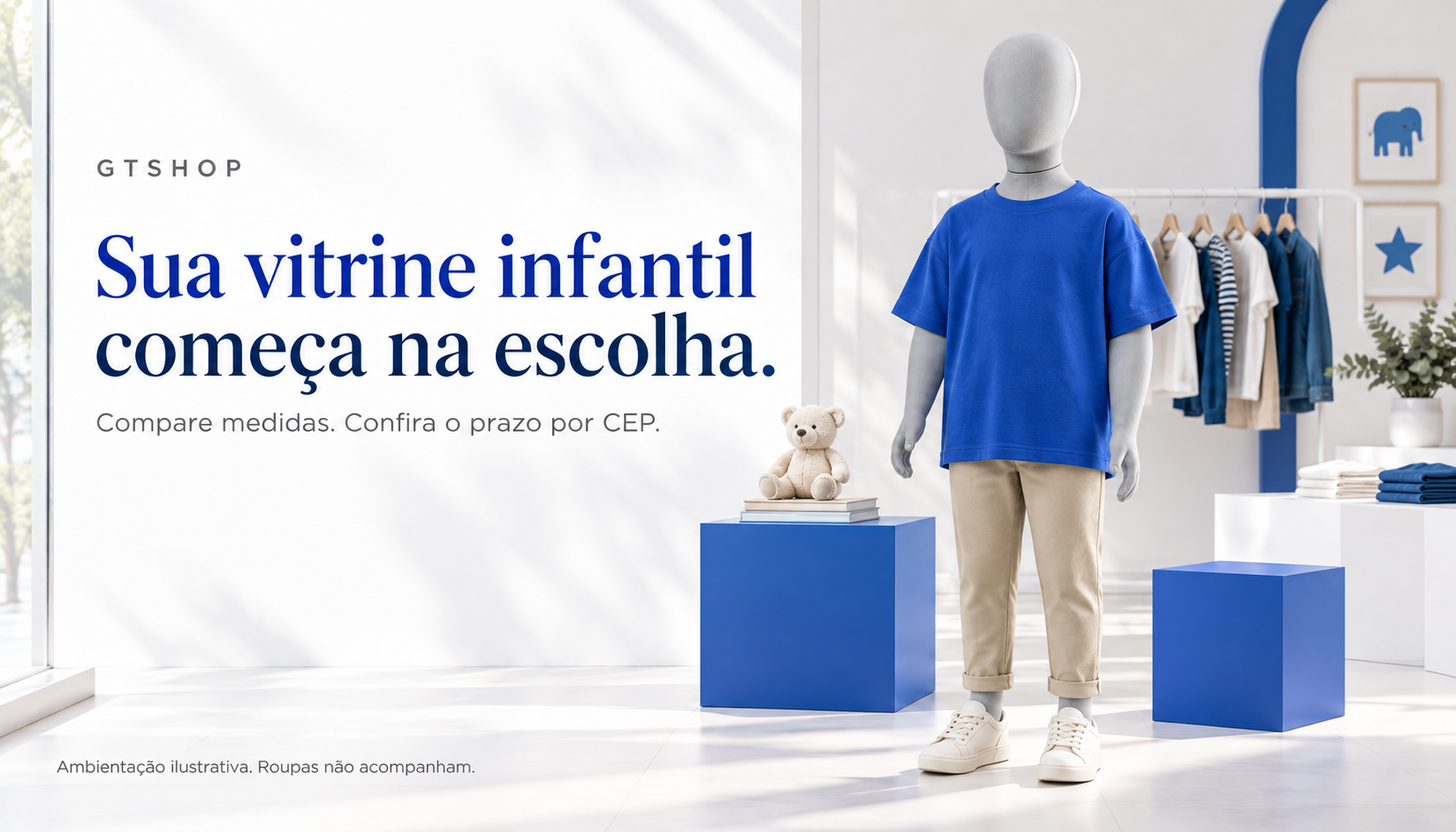Ambientação ilustrativa de vitrine infantil GTShop. Compare medidas e confira o prazo por CEP. Roupas não acompanham.