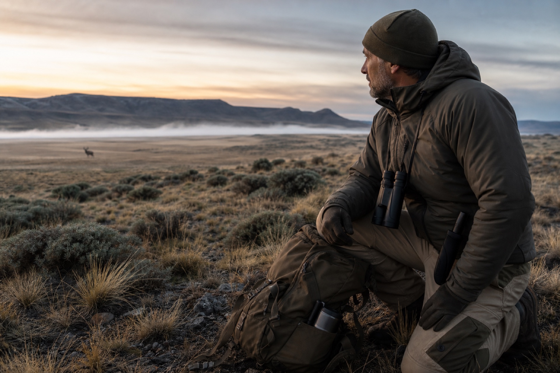 Hombre explorando el paisaje patagónico al amanecer