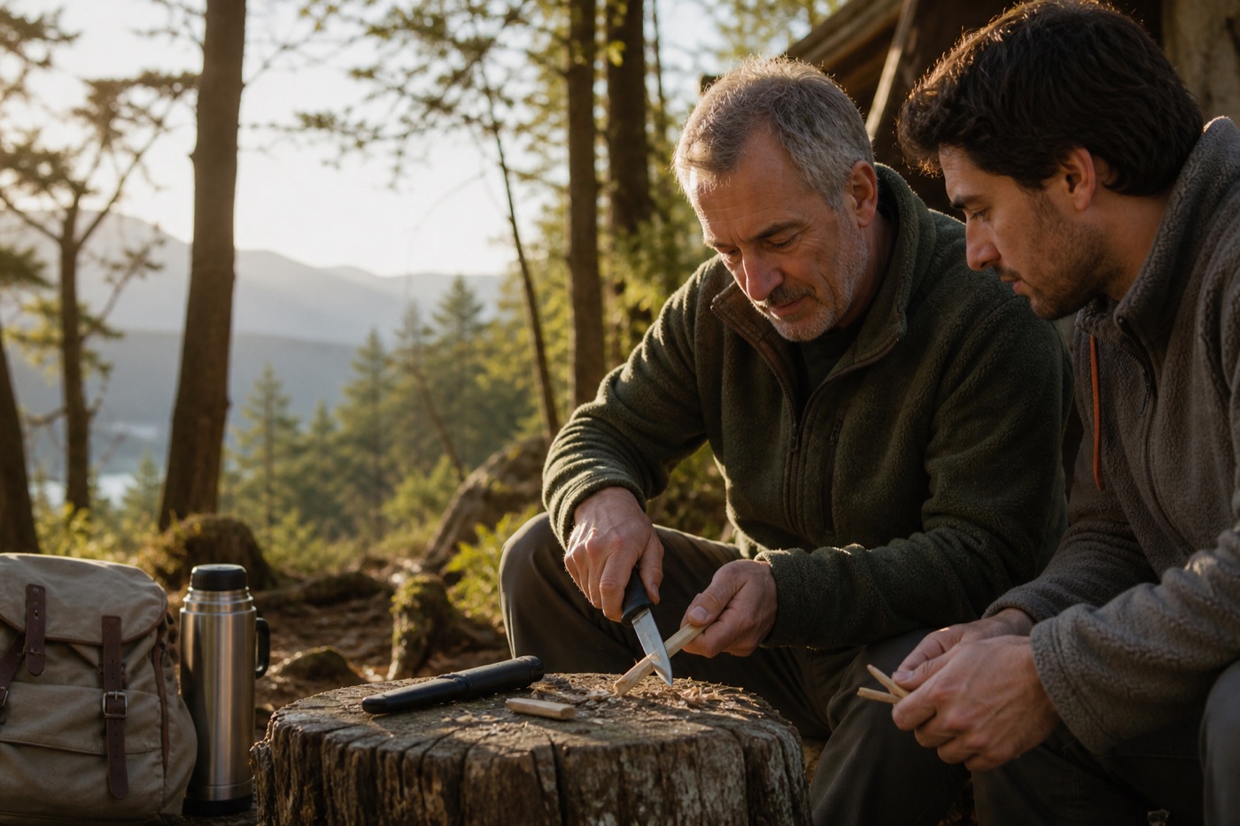 Padre e hijo disfrutando de un campamento