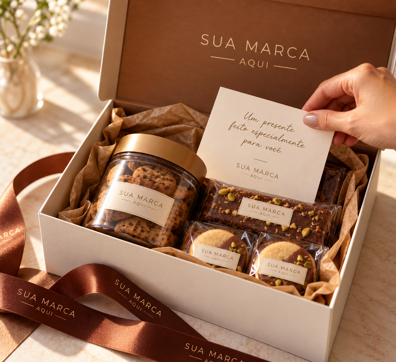 Kit de presentes corporativos personalizáveis com biscoitos, brownies e cartão para a marca da empresa