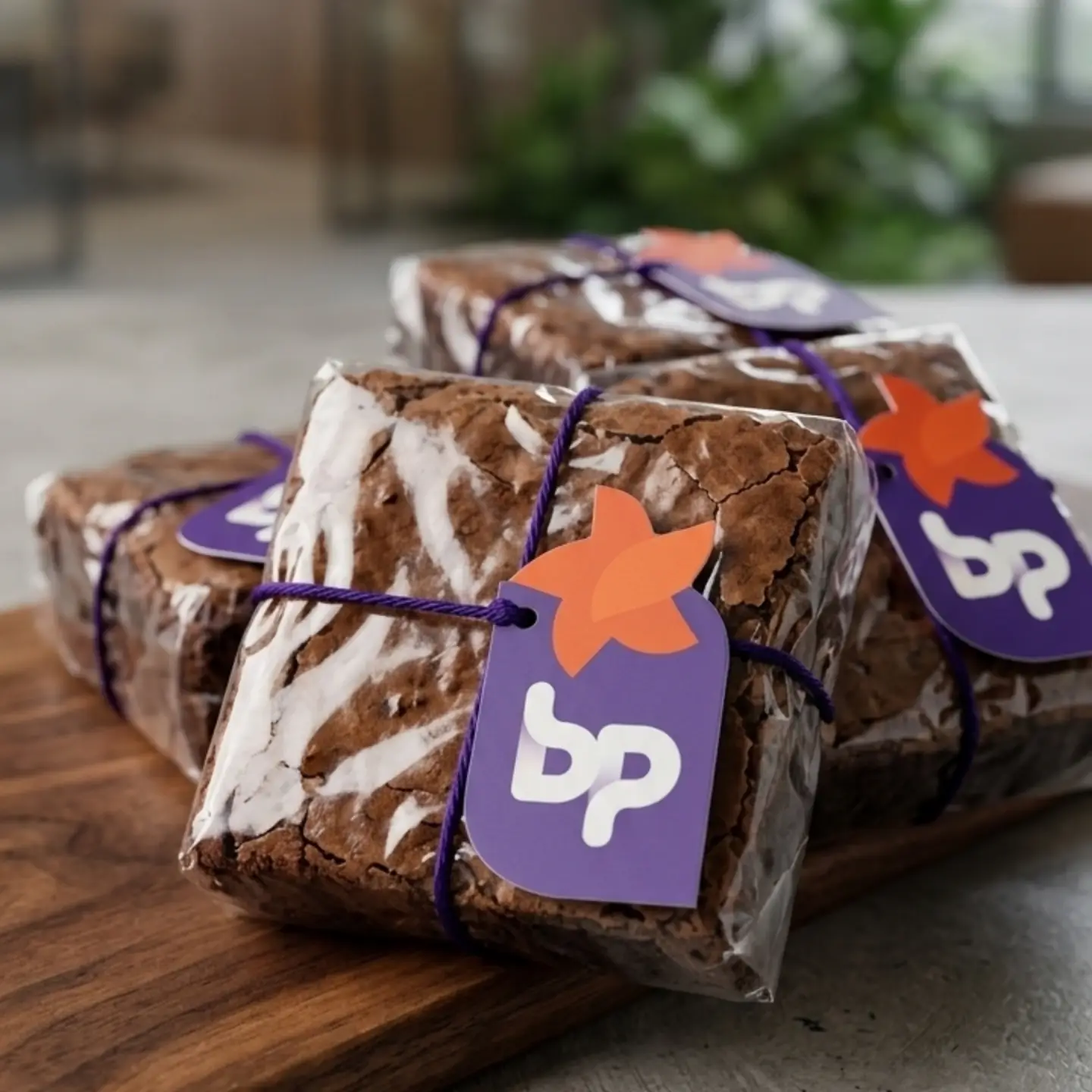 Brownies embalados com tags personalizadas para uma marca