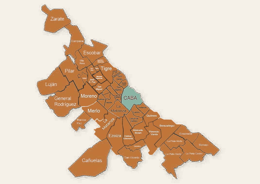 Mapa de Capital Federal y Gran Buenos Aires con el nombre de cada localidad: CABA tiene un precio de envío y la provincia otro