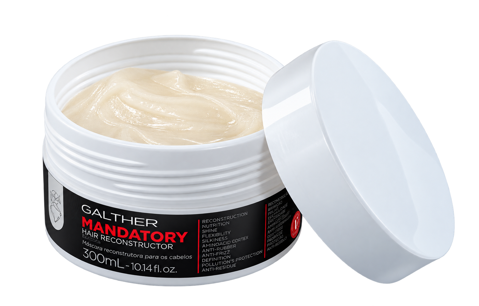 Pote aberto da máscara Galther Mandatory Hair Reconstructor 300 mL