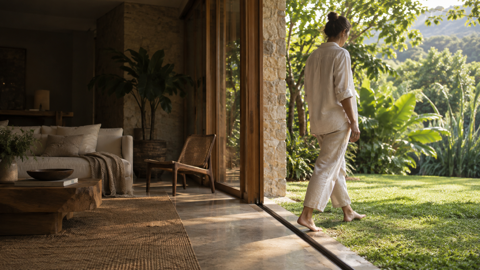 Pessoa caminhando descalça da casa para o jardim ao amanhecer