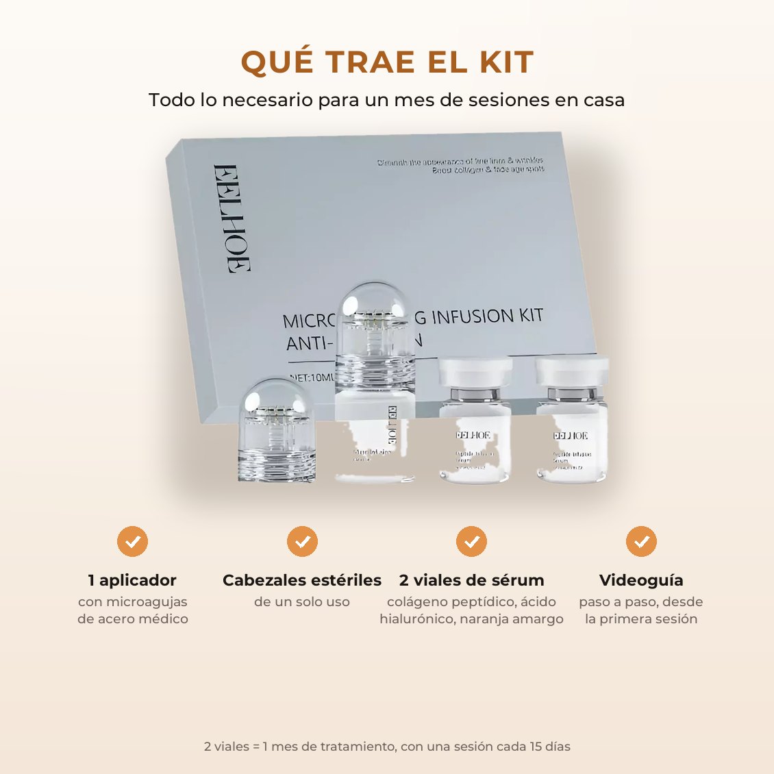 Qué trae el kit: aplicador, cabezales estériles, 2 viales de sérum y videoguía