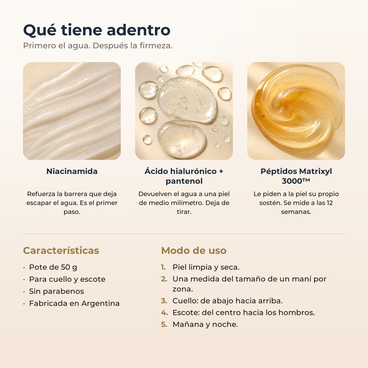 Niacinamida, ácido hialurónico, pantenol y péptidos Matrixyl 3000
