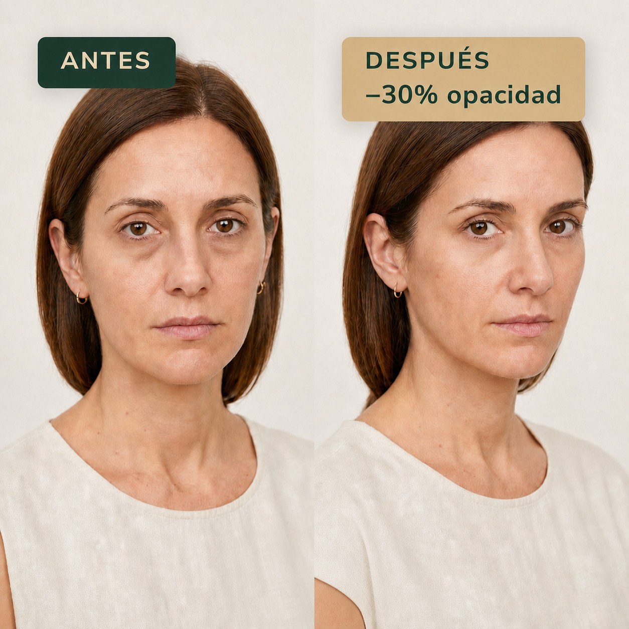 Verónica antes y después de 28 días con Kit Mirada Renovada — ojeras post-embarazo y opacidad reducidas en 30%