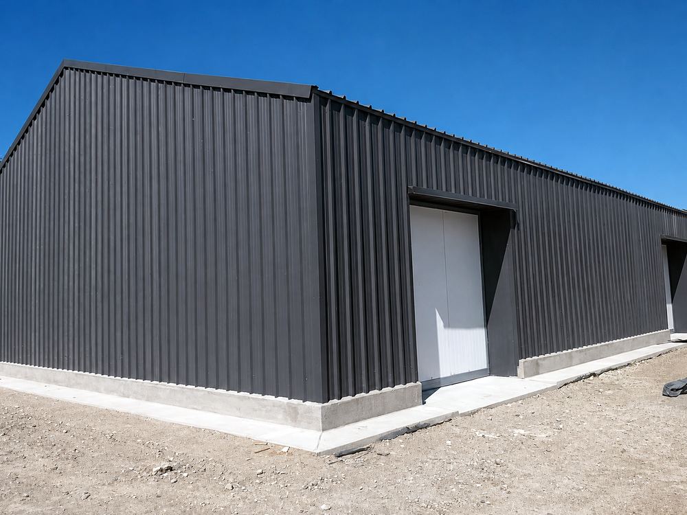 Nave industrial terminada con muros de panel negro y portón de acceso
