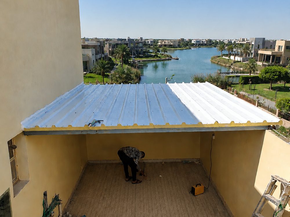 Techo de panel blanco a un agua sobre terraza con vista a la laguna