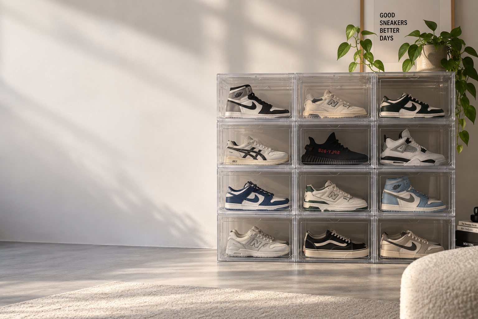 Cajas Boxealas blancas de tapa lateral apiladas con zapatillas a la vista