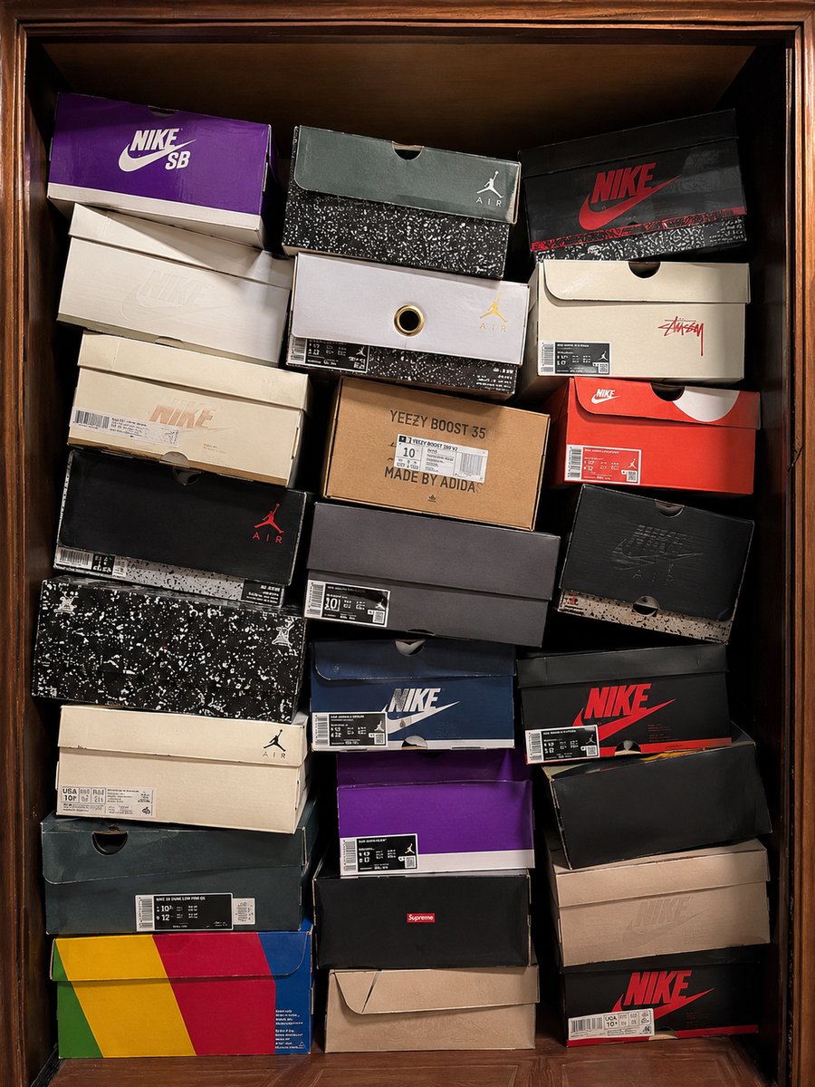 Cajas de cartón de zapatillas apiladas y rotas en un placard