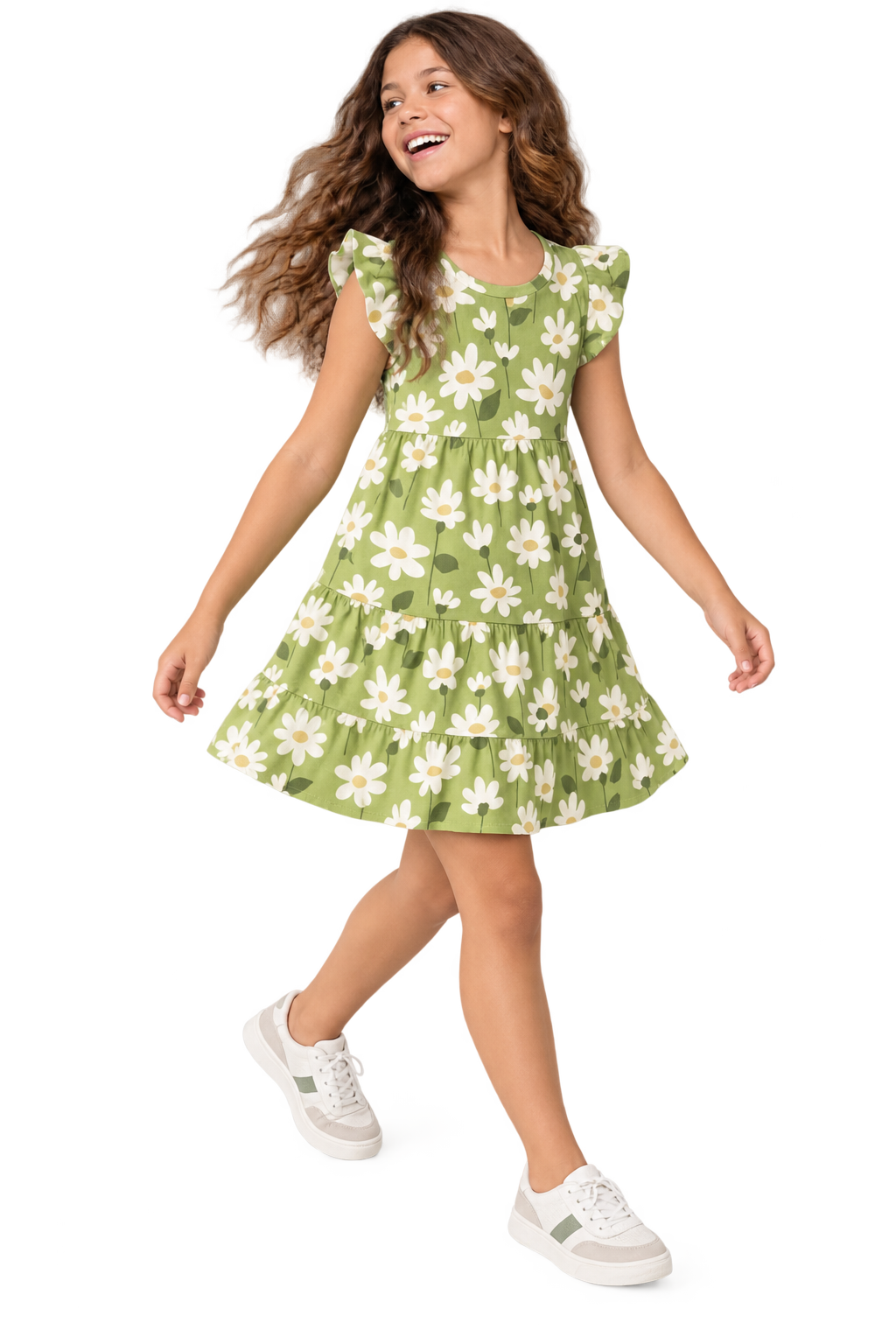 Menina com vestido verde de margaridas