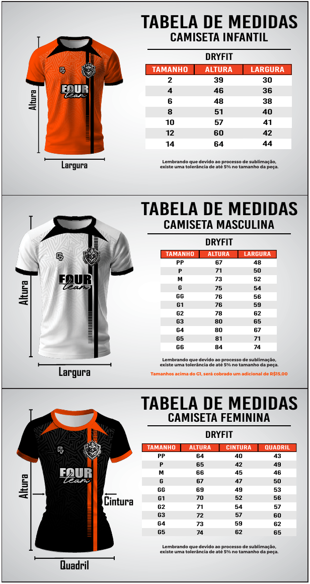Tabela de medidas — Camisetas DryFit