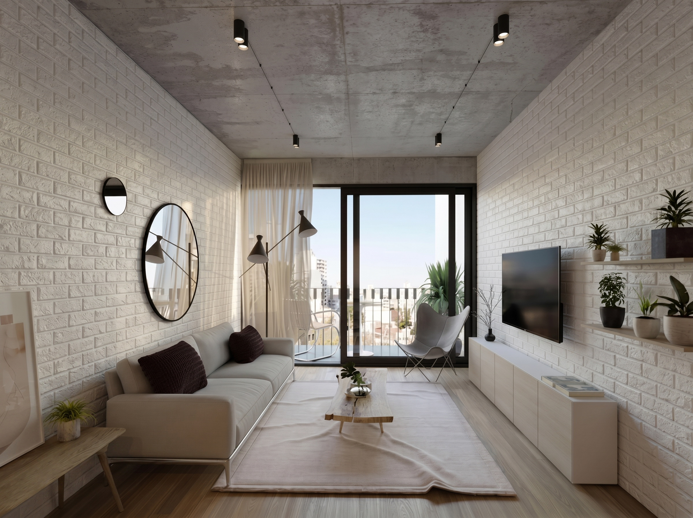 Living después con placa ladrillo 3D blanca