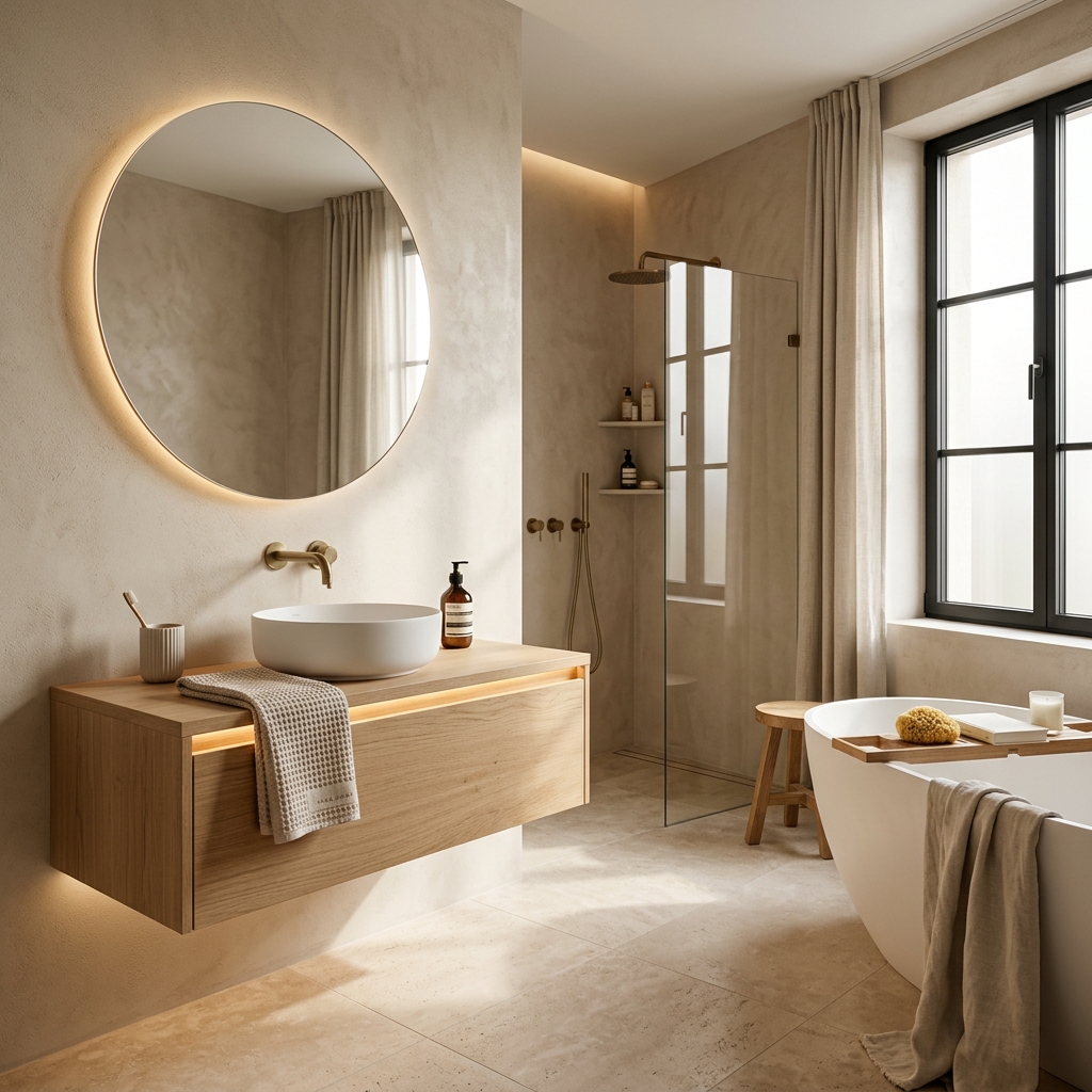 Baño minimalista cálido