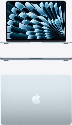 MacBook Air azul-céu visto de frente, de lado e por cima