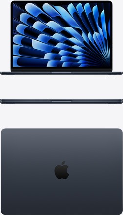 MacBook Air meia-noite visto de frente, de lado e por cima